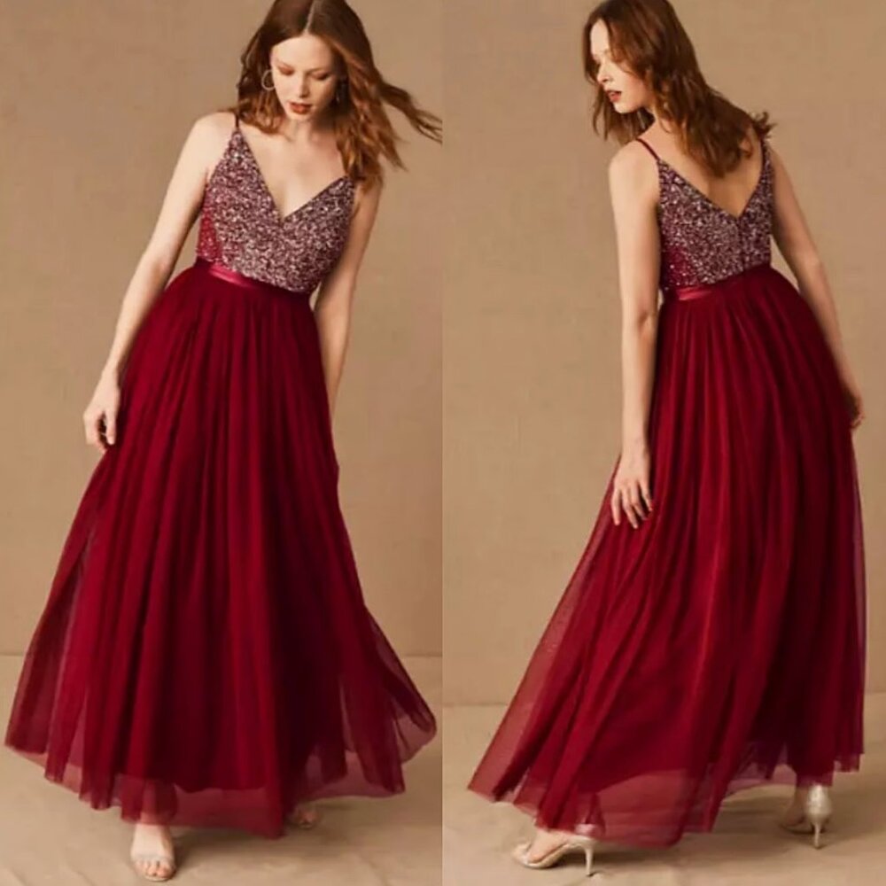 BHLDN Avery Sequin Tulle Bridesmaid Formal Prom Dress in Bordeaux Burgundy Red